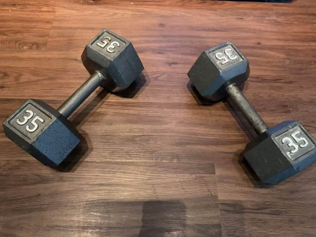 Fitness Gear Hex Dumbbell Review - pair of dumbbells at my house